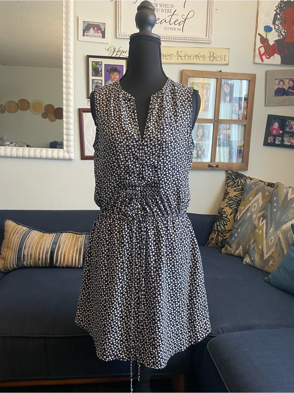 GAP Black & White Sleeveless Printed Drawstring Mini Dress